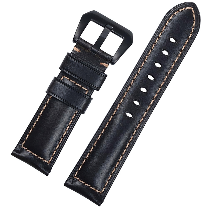 Smooth Black Genuine Leather Band for Samsung Watch in 20mm/22mm