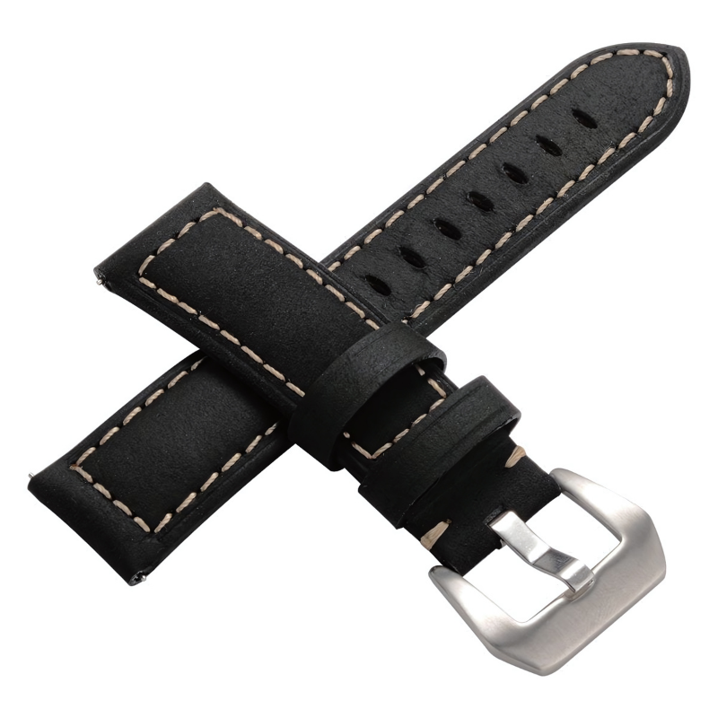 Matte Black Genuine Leather Band with Silver Buckle for Samsung Watch in 20mm/22mm
