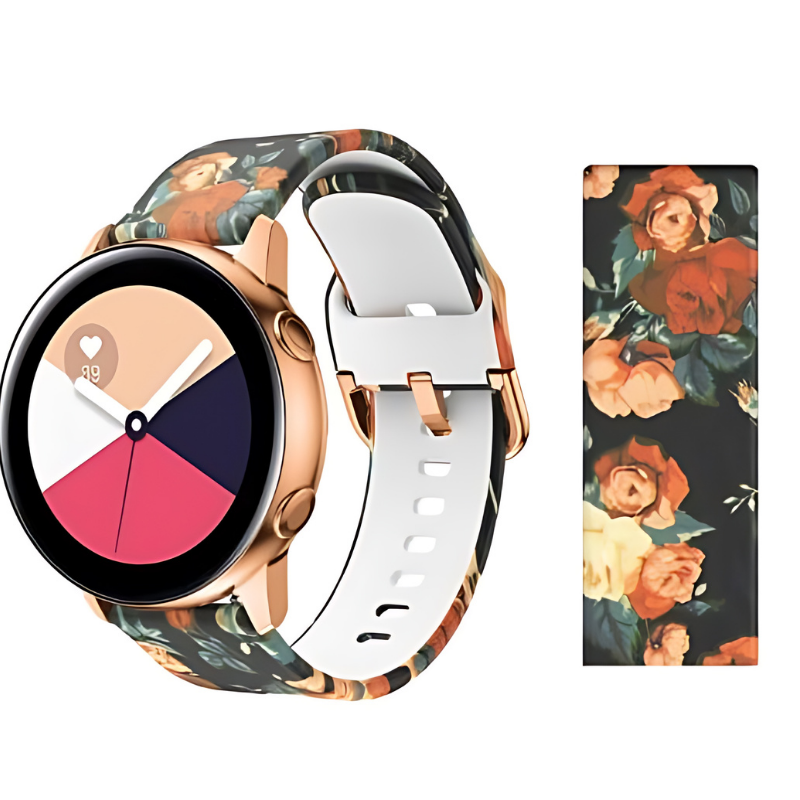 Rose in Black Printed Silicone Band for Samsung Watch in 20mm/22mm