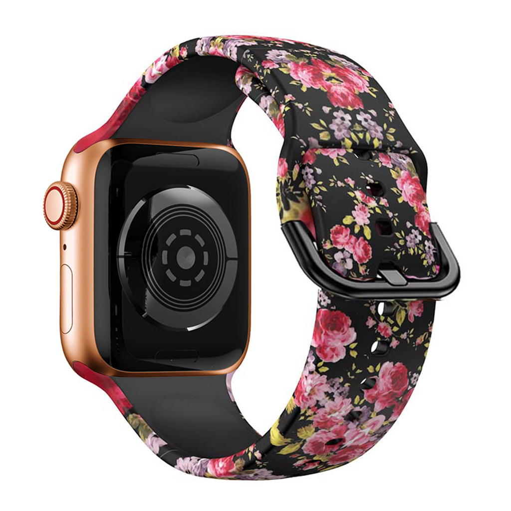 Black Flower Printed Silicone Band for Apple Watch, 38mm