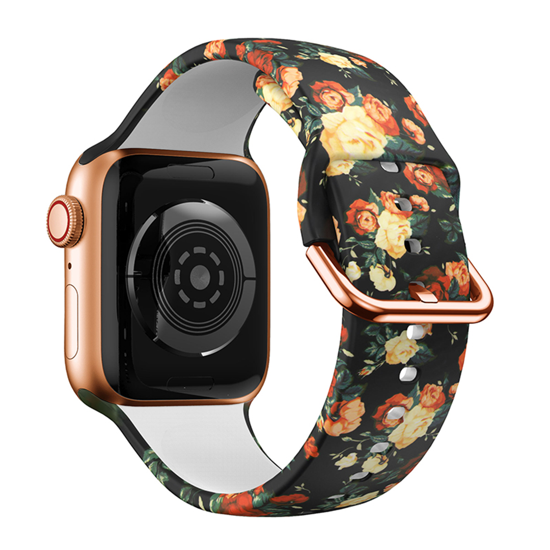 Black Rose Flower Printed Silicone Band for Apple Watch, 38mm