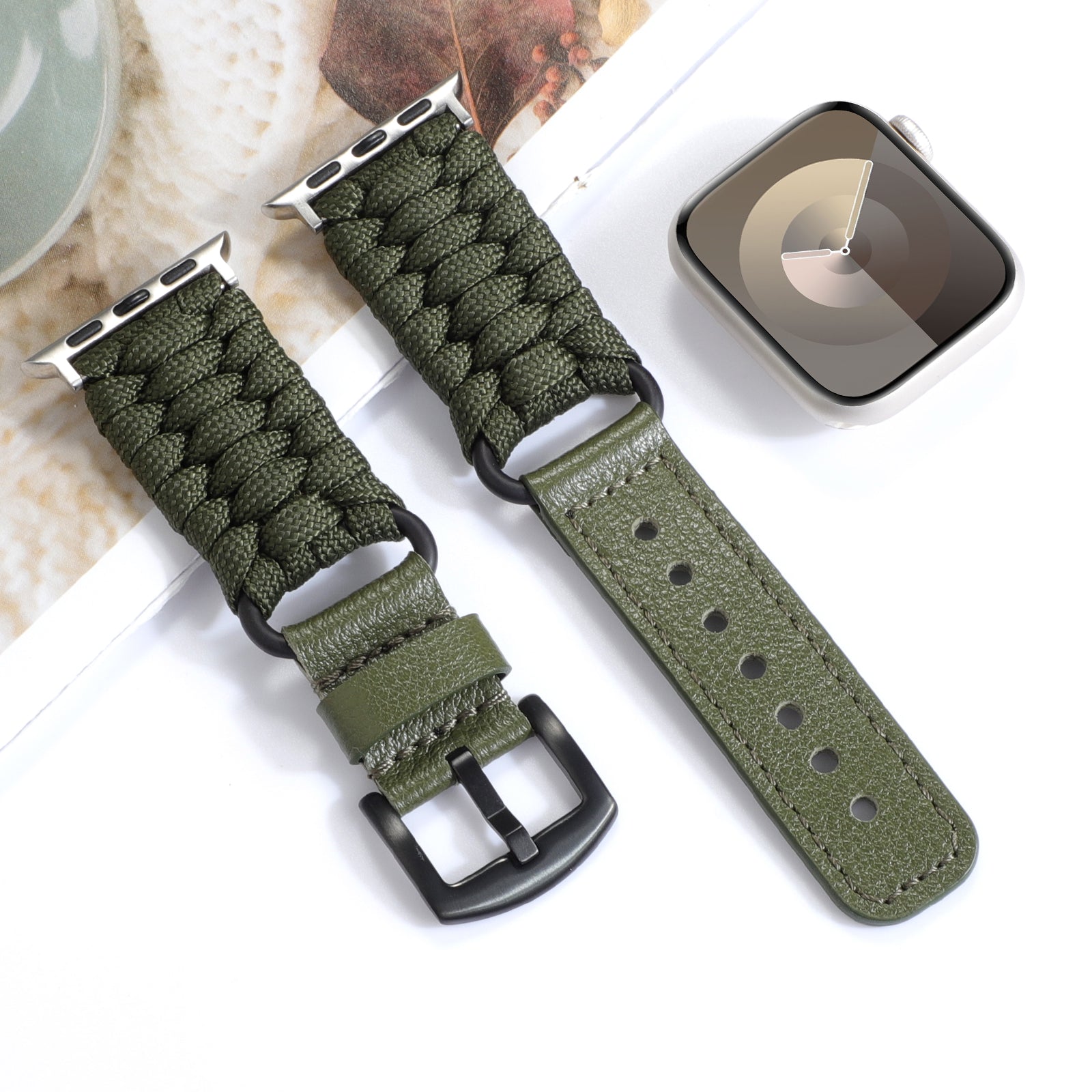 Army Green Woven Corded Leather Band, 38mm