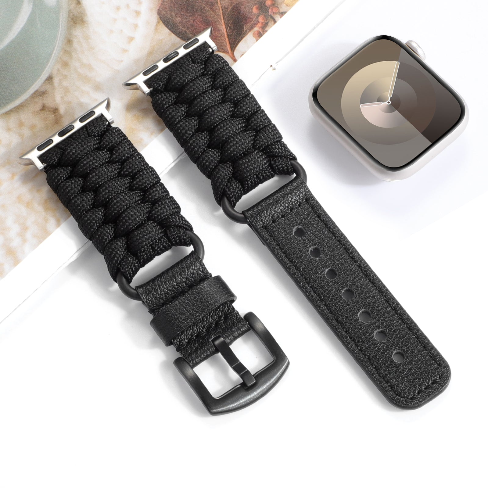 Black Woven Corded Leather Band, 38mm