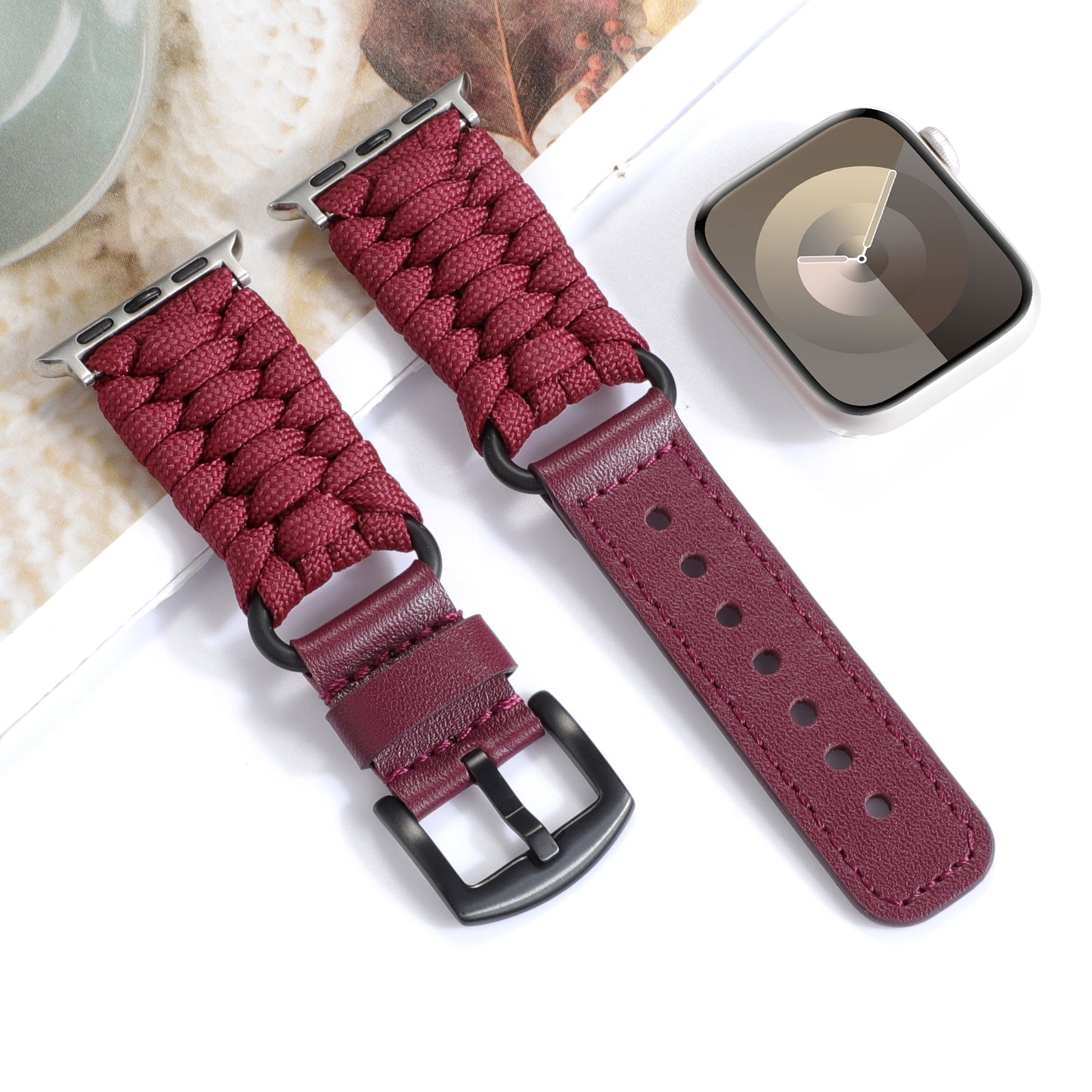 Wine Red Woven Corded Leather Band, 38mm