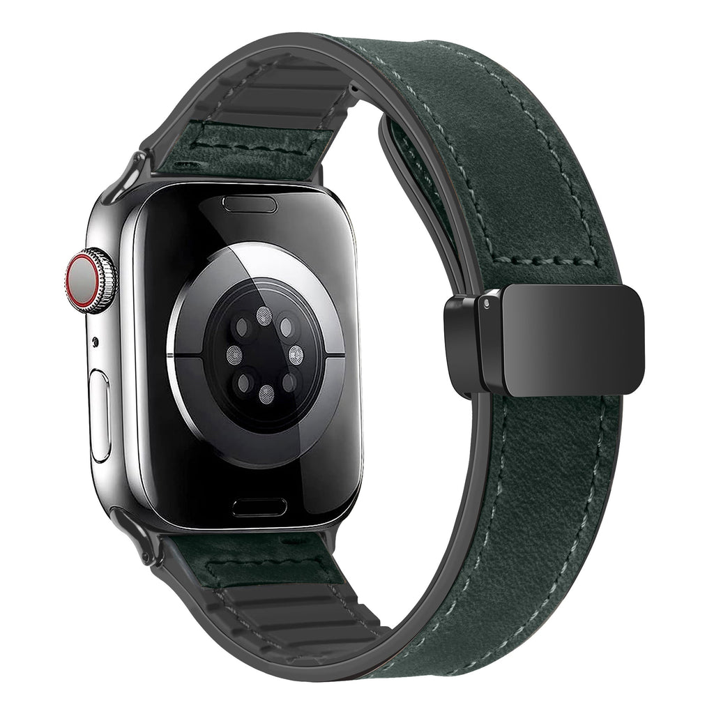 Magnetic Leather Band with Silicone Lining for Apple Watch Band Army Green