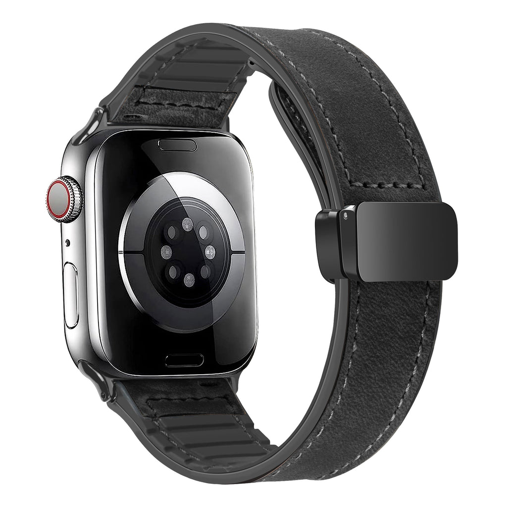 Magnetic Leather Band with Silicone Lining for Apple Watch Band Black