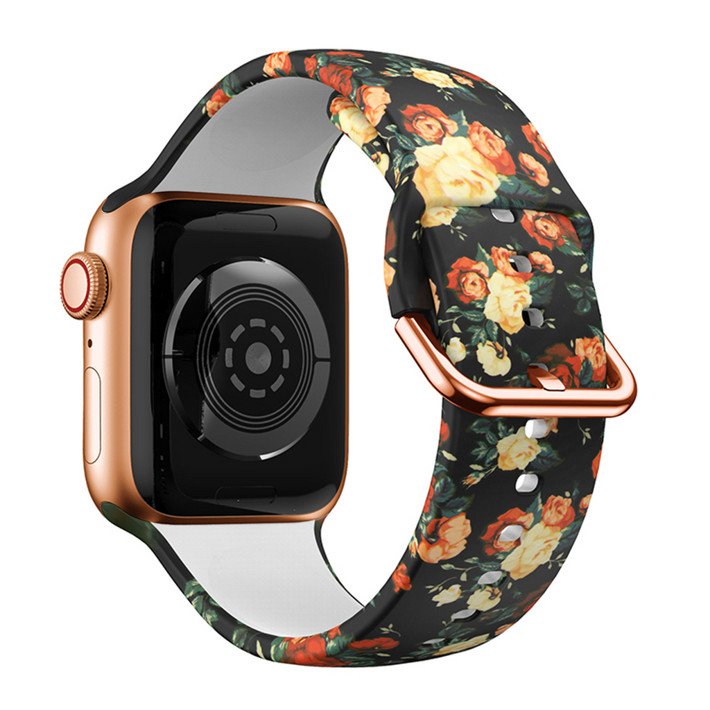 Printed Silicone Band Apple Watch Band For Men And Women Black Rose Flower 42mm/44mm/45mm/49mm