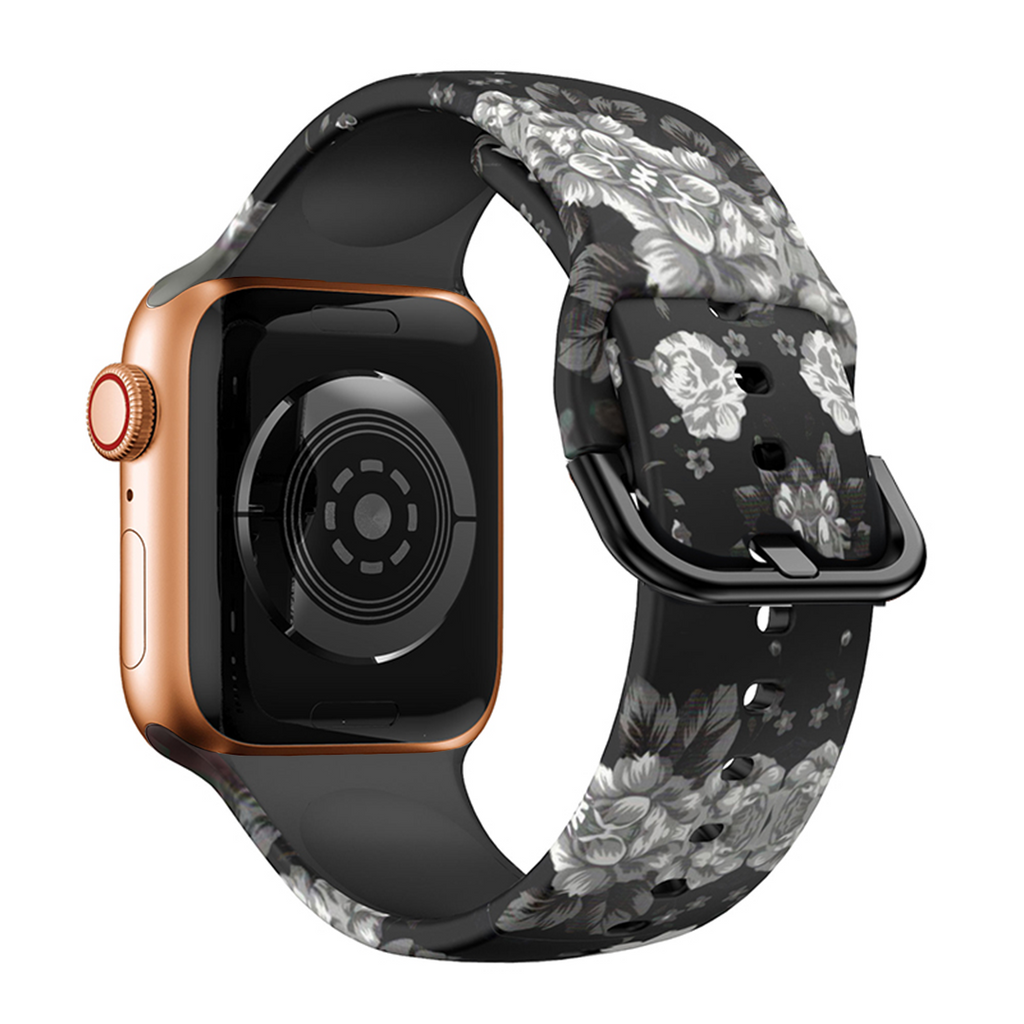 Printed Silicone Band Apple Watch Band For Men And Women Gray Flower 42mm/44mm/45mm/49mm